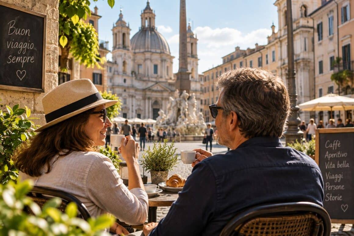 Casal aproveitando uma viagem pela Europa em uma praça histórica
