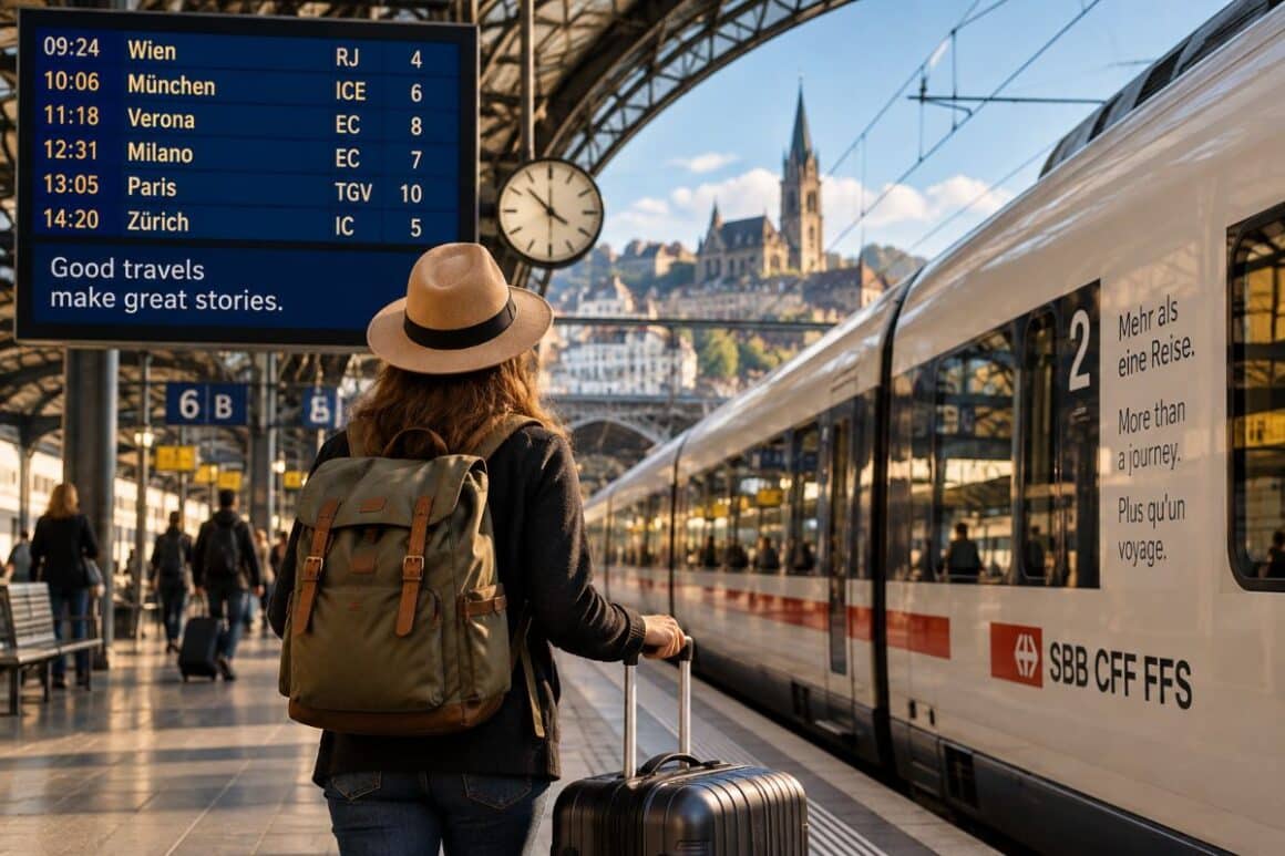 Viajante com mala em estação de trem na Europa