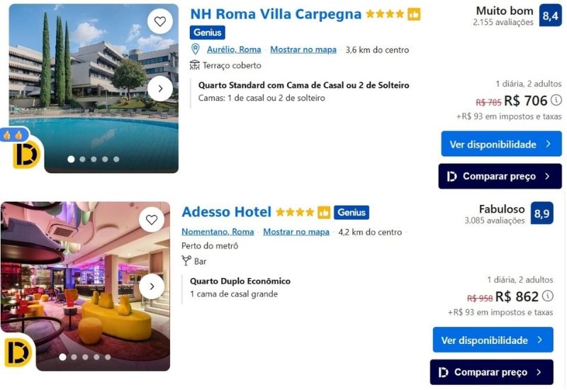 Simulação no Booking mostrando como escolher hospedagem na Europa